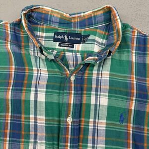 Ralph Lauren Shirt Mens 2XL Green Plaid Short Sleeve Classic Fit Cotton Linen